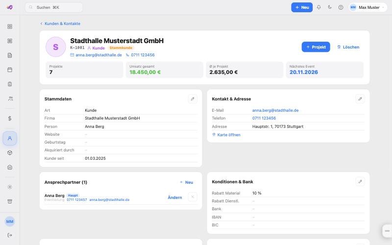 Kundenseite mit Kennzahlen, Kontakt und Ansprechpartnern